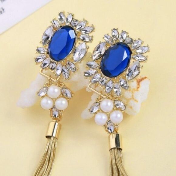 Blue Rhinestone Crystal Pearl Tassel Fringe Gold Clip On Statement Earrings - Picture 12 of 13